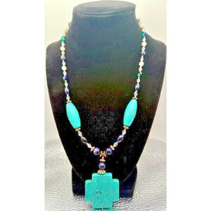 Turquoise Colored Beaded Statement Necklace with Magnetic Clasp 11 inch